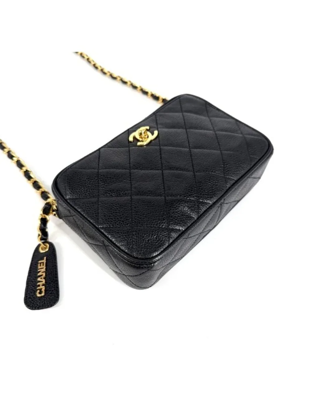 Chanel Shoulder Bag Quilted CC Logo Chain Crossbody Caviar Leather Black Gold